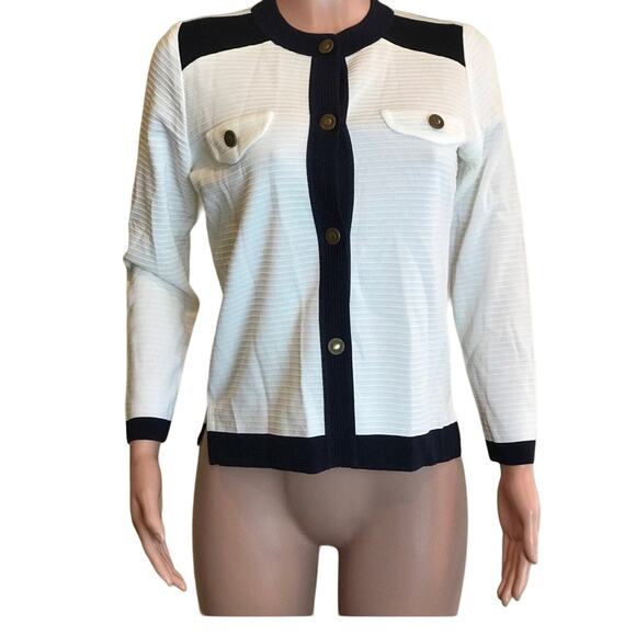 Exclusively Misook Cardigan Sweater Size PS White Navy Blue Trim Gold Buttons - Picture 1 of 9